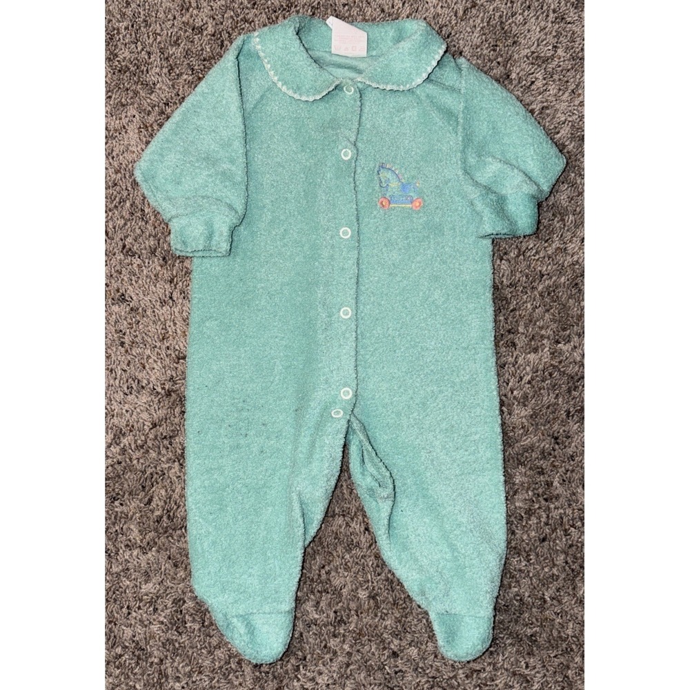 Vintage Terry Baby Sleeper Romper Terrycloth Footed‎ Rocking Horse USA 0-6M